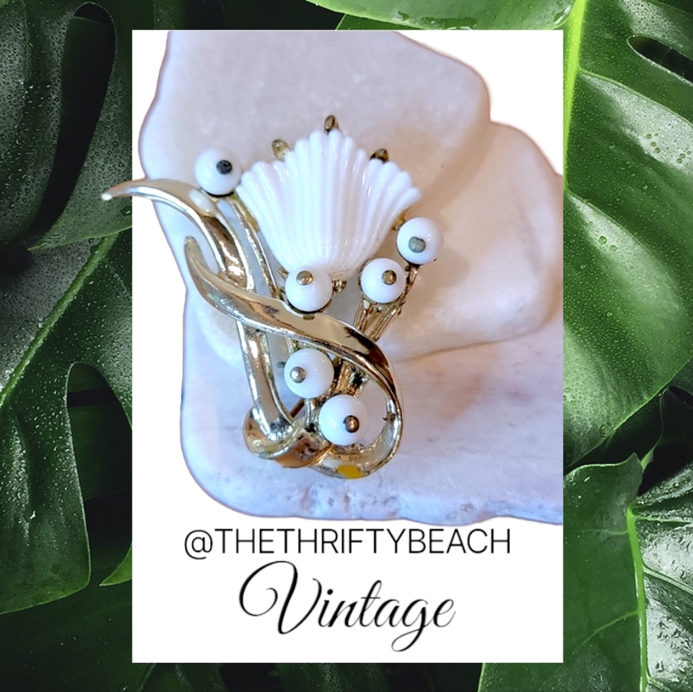 Vintage Gold Tone and White Brooch